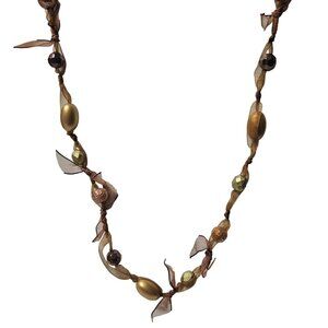 Cookie Lee Beaded Ribbon Necklace Brown Gold Boho Retro Fashion Jewelry Women